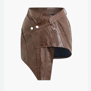 Brown Asymmetrical Faux Leather Mini Skirt